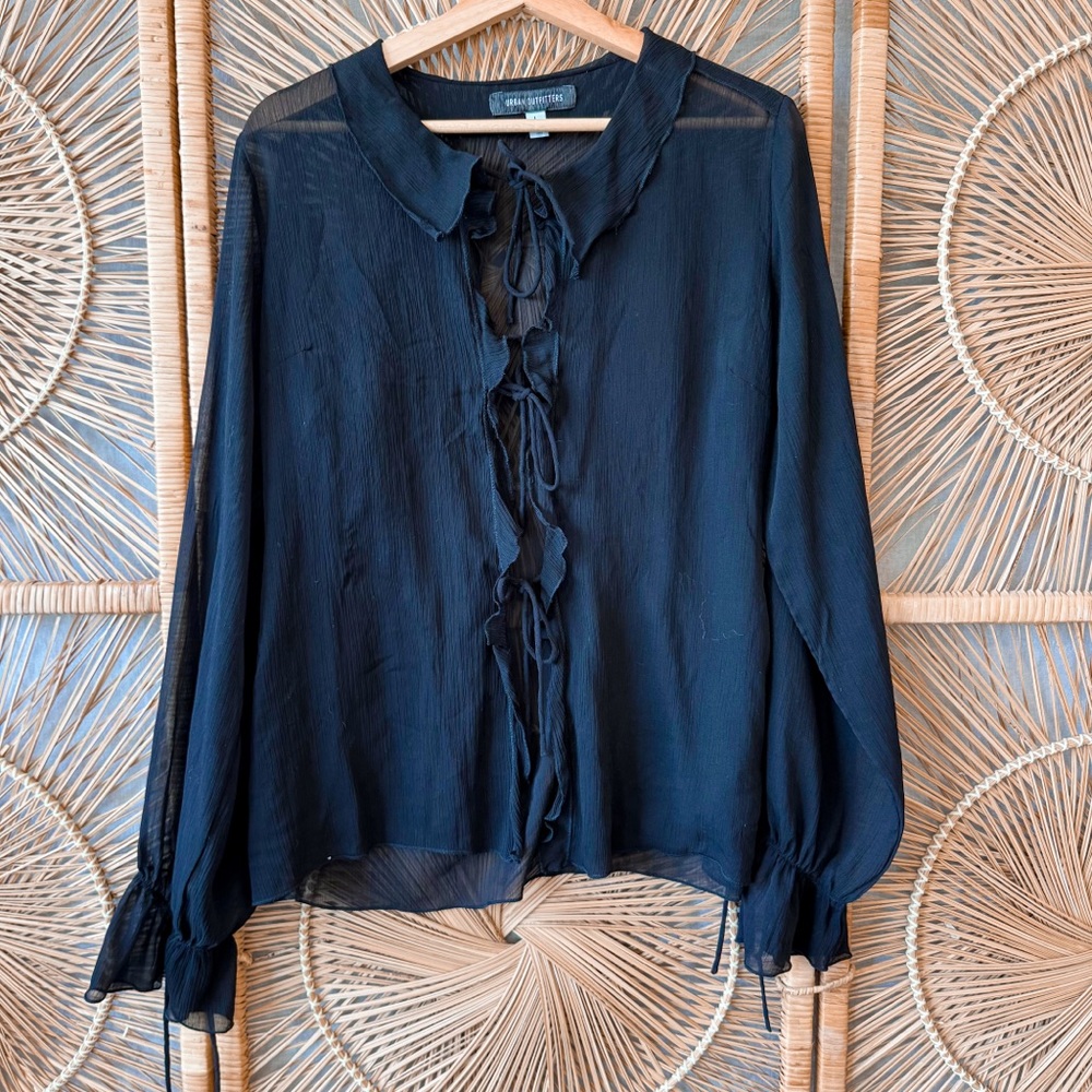 Urban Outfitters Black Ruffled Tie Front Blouse SZ L Sheer Fun Sleeves Soft
